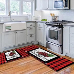 Christmas kitchen mat set with red truck and buffalo plaid flannel non-slip design