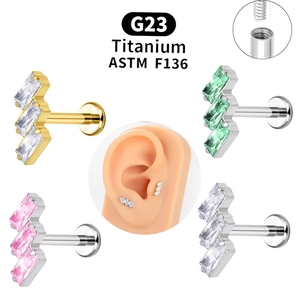 G23 Titanium Labret Stud ASTM F136 Internally Threaded Lip Ring With 3 Zirconia Gemstones Ear Cartilage Piercing Jewelry