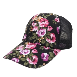 Women's summer sun hat with pink floral embroidery and breathable black mesh back