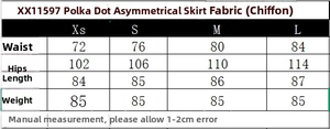 Polka dot asymmetrical chiffon skirt size chart with measurements for XS to L