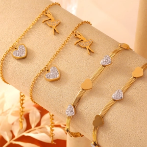 Elegant Gold Plated Titanium Steel Bracelet For Women Minimalist Heart Ballerina Pendant Rhinestone Adjustable Fashion Jewelry Gift