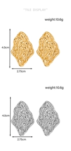 Detail view of irregular lava texture earrings in gold and silver finishes, 4.0cm x 2.75cm