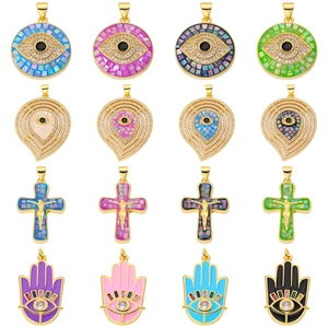 Mix of sixteen copper cross and heart charms with colorful shell inlays and zircons