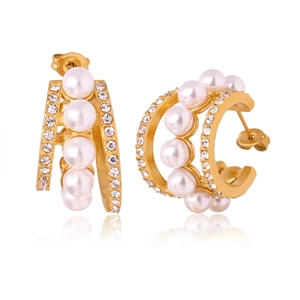 Boucles D'oreilles Créoles En Forme De C À Triple Rangée Pour Femmes Acier Inoxydable Avec Künstliche Perle D'imitation Et Zircone