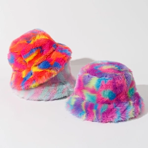 Colorful tie-dye plush bucket hat made of soft faux fur for winter warmth and fashion