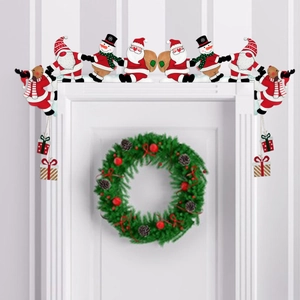 Wooden Christmas door frame decoration featuring Santa, snowman and reindeer with small gift boxes