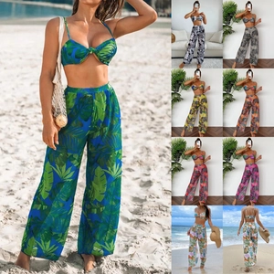Women Tropical Palm Leaf Print Bikini Top Bottom And Mesh Wide Leg Pants Cover Up Beach Vacation Swimwear