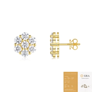 Close-up of gold heart flower earrings with moissanite and GRA certificate detail