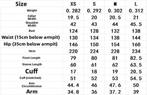 Tableau des tailles détaillé pour robe en mousseline à col polo avec mesures et poids