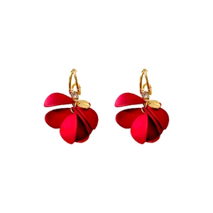 Elegant red matte flower petal tassel earrings with gold metal and crystal accents