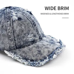 Frayed washed denim baseball cap in light blue with distressed street style finish
