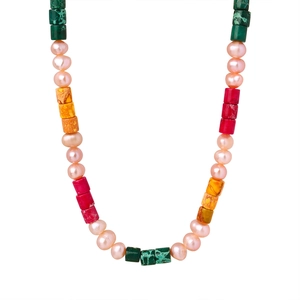 Handmade colorful gemstone beaded necklace with freshwater pearls on white background