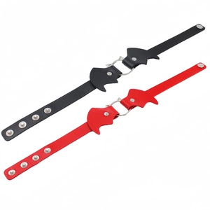 Detail of eco-friendly PU leather choker with bat charm and metallic buckle closure