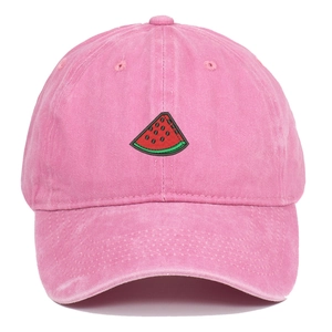 Close-up of vibrant watermelon slice embroidery on pink washed cotton baseball cap