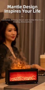 Close-up of fireplace humidifier with warm flame mist effect in a cozy home setting