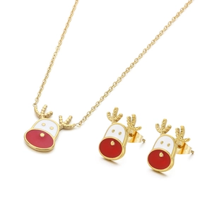 Christmas reindeer jewelry set with gold enamel elk necklace and matching stud earrings
