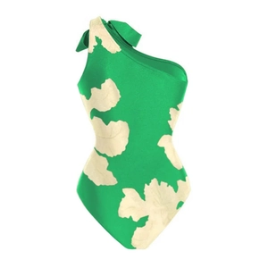 Detail of green one-piece swimsuit with white leaf print and one-shoulder bow tie