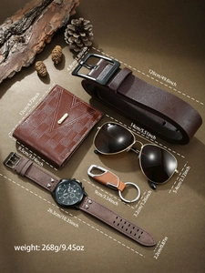 Detailed view of men's business set with leather watch, wallet, belt, and sunglasses