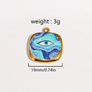 Golden titanium evil eye pendant with blue oil painting waves, 19mm size and 3g weight