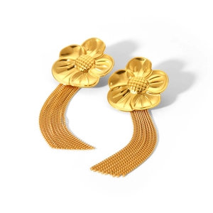 Detailed close-up of golden sunflower earrings with elegant long fringe tassels