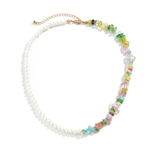 Short necklace featuring white pearls and colorful mixed crystal stones with gold clasp