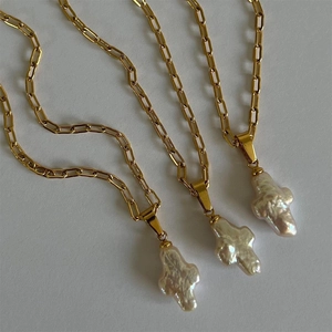 Baroque natural pearl cross pendant necklace with gold paperclip chain for women