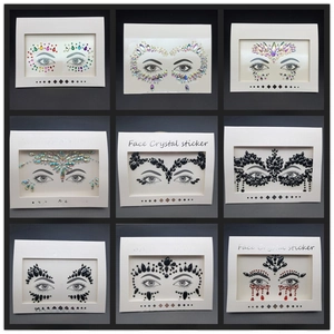 Detailed catalog of 9 various colorful acrylic facial rhinestone stickers for makeup