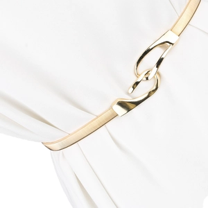 Detailed close-up of golden elastic metal waist chain with elegant hook buckle design