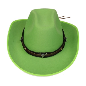 Detailed view of western wool felt hat with leather band and silver longhorn skull buckle