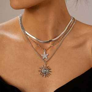 Multi Layer Necklace Copper Alloy Flat Snake Chain Starfish And Sun Face Pendant Bohemian Style Jewelry For Women
