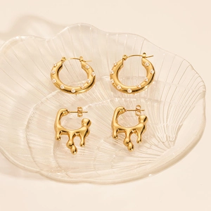 18K gold plated stainless steel pearl hoop earrings and molten lava stud jewelry set