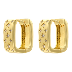 Macro detail of gold rectangle huggie earrings with engraved stars and zircon stones