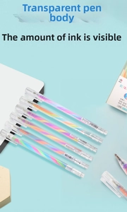 Close-up of 6 rainbow highlighter pens with transparent barrels and spiral multicolor ink