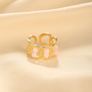 Stainless Steel Gold Plated Irregular Hollow Open Ring For Women Fashion Jewelry With Pink Artificial Pearl Beads