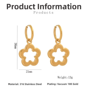 Detail view of 18K gold plated stainless steel flower earrings with size measurements