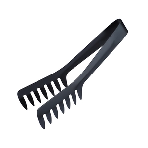 Macro shot of black stainless steel spaghetti tongs with serrated teeth for kitchen use