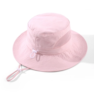 Detailed view of pink sun hat with breathable mesh panels and adjustable windproof cord