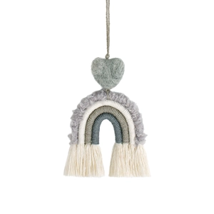 Detail of handmade macrame rainbow car charm with gray heart and wooden bead accent
