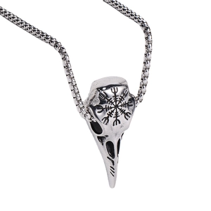 Gothic Viking raven skull pendant necklace with nordic runes in antique silver finish