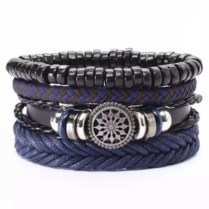 Set de 4 bracelets en cuir multicouches pour hommes avec tressage bleu et charmes métal