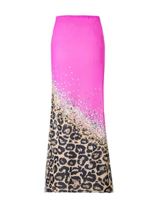 Detail of leopard print mesh skirt with pink color blocking and sparkling sequin transition