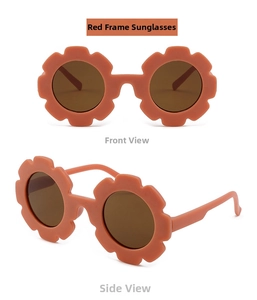 Detailed front and side views of orange flower-shaped sunglasses for children