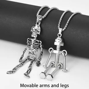 Retro Hip Hop Skeleton Human Bone Robot Pendant Necklace Stainless Steel Alloy Long Chain Punk Jewelry Men Women
