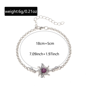 Detailed view of silver sunflower bracelet with purple gemstone and size specifications