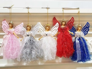 Detail of Christmas angel dolls with mesh skirts and glitter wings in five colors