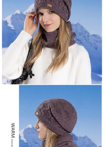 Detail view of purple knit beanie and neck warmer set with warm fleece lining for winter