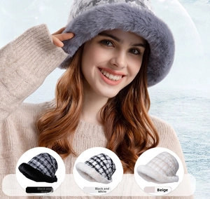 Close-up detail of winter faux fur bucket hat featuring checkered pattern and soft plush brim