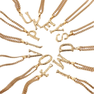 Gold textured 26 alphabet initial pendant necklace with thick curb chain style