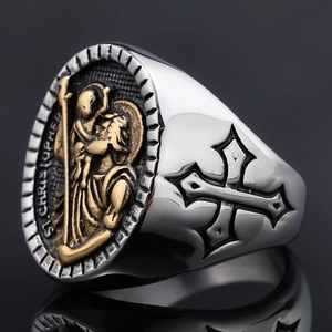 Vintage silver Anubis religious ring with gold Saint Christopher icon and side cross