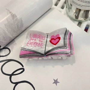 Creative book shaped acrylic hair claw clip with Libraries Are For Everyone print
